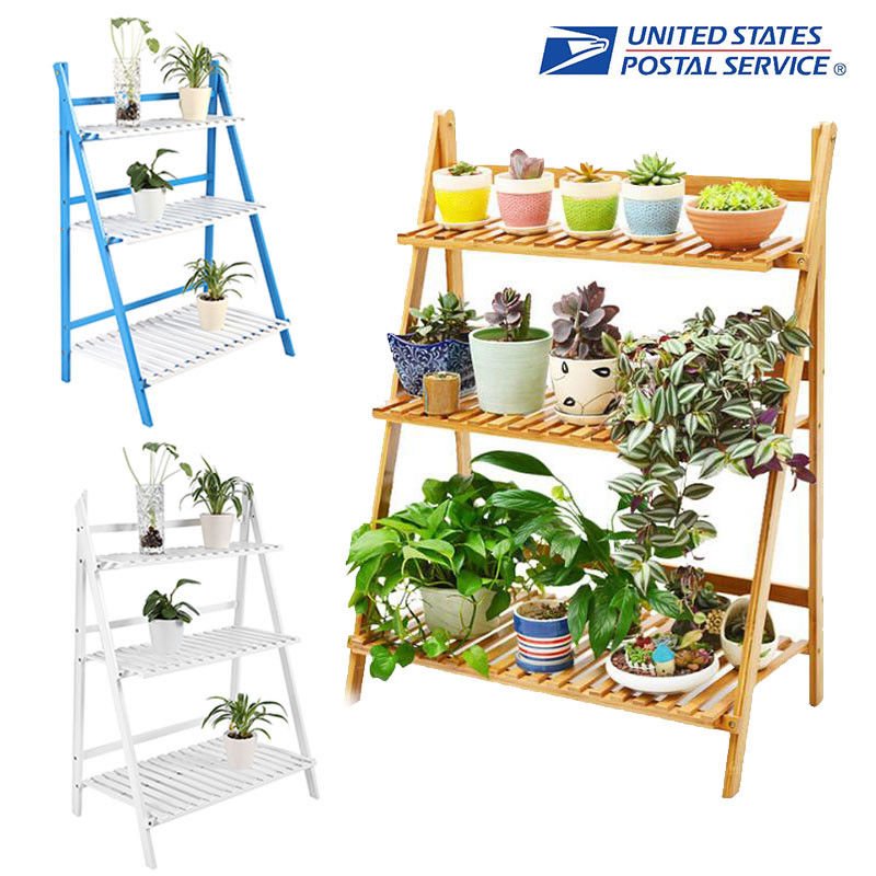 3Layer Outdoor Bamboo Flower Pot Shelf Stand Folding Display Rack Garden Yard US