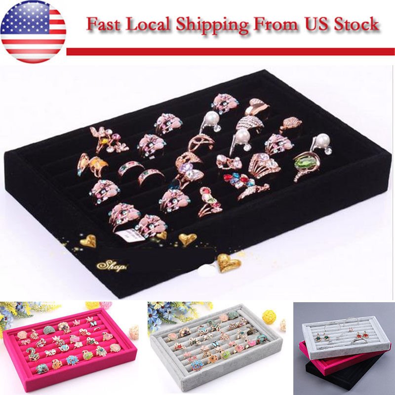 Charming Velvet Jewelry Earring Ring Display Organizer Box Tray Holder Storage