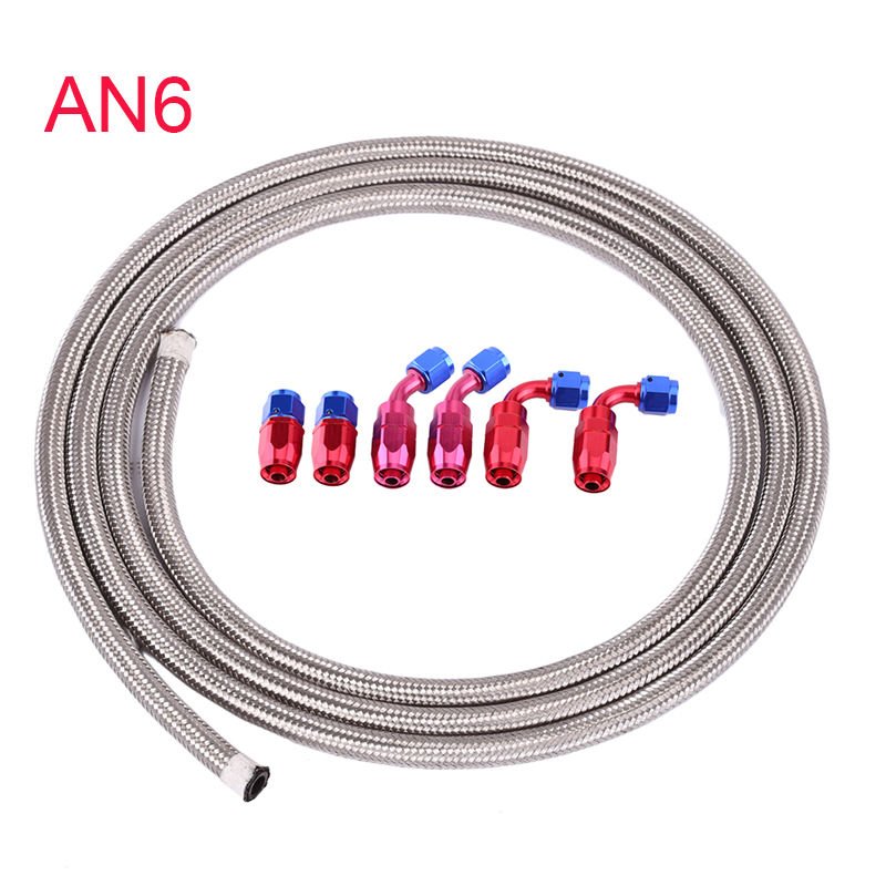 AN6 Nylon Stainless Steel Braided Fuel Hose End Fuel Adapter Kit Oil Line 12FT