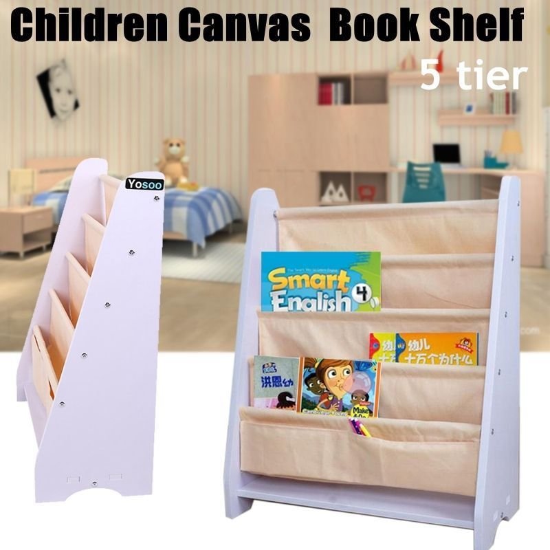 Kids Book Shelf Sling Storage Rack Organizer Bookcase Display Holder Cavnas New