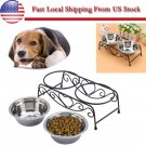 Stainless Steel Dog Bowl Double Dinner Feeding Station Food Water Pet Sz MEDIUM