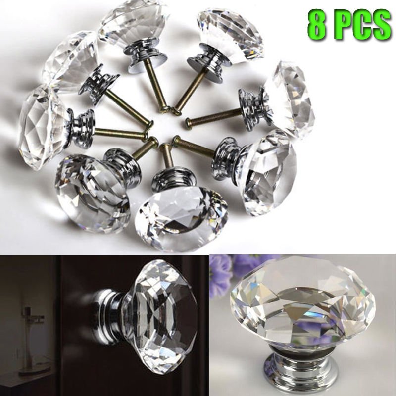 40mm 8x Diamond Clear Crystal Glass Door Pull Drawer Knob Handle Cabinet US Ship
