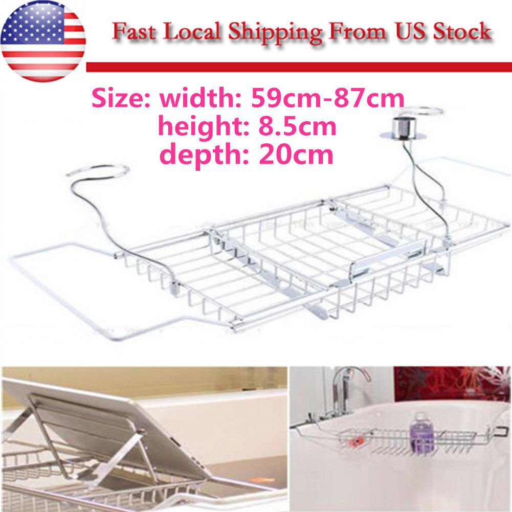 Bath Tub Book Rack Extendable Shower Shelf Holder Tray Caddy Storage Extension