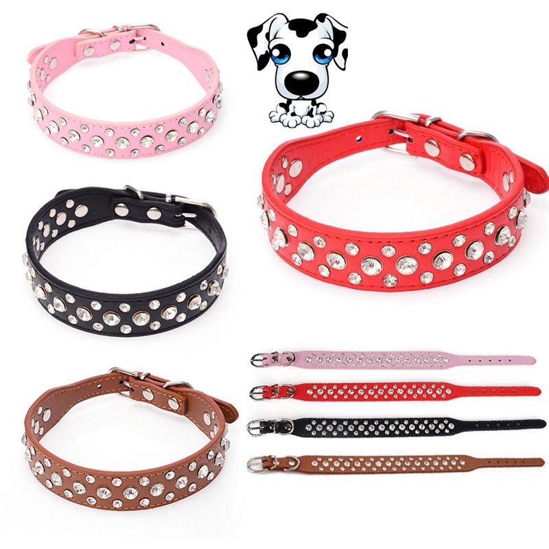 Pet Dog Adjustable PU Leather Rhinestone Studded Buckle Collar Neck Strap Gift