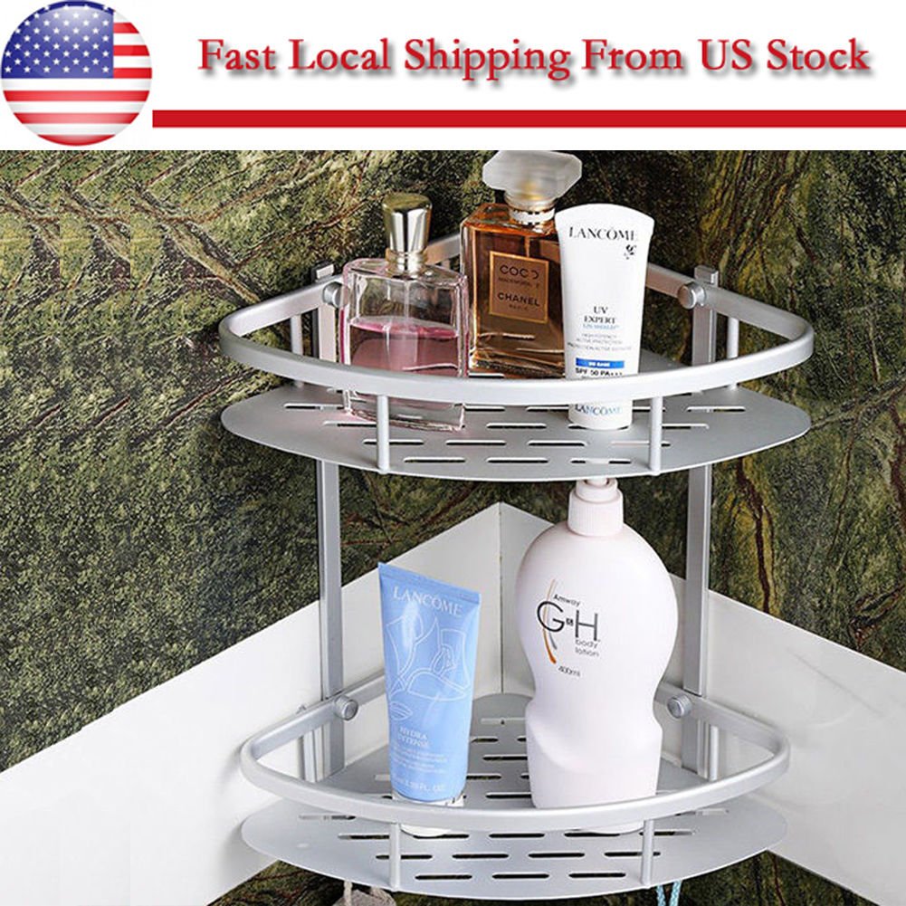 2 Layer Triangular Shower Caddy Shelf Bathroom Corner Rack Storage Holder Hanger