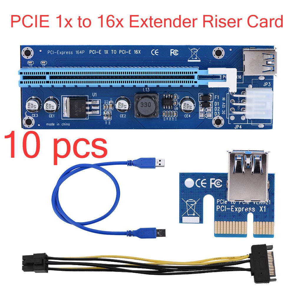 10x USB 3.0 PCI-E Express 1x To 16x Extender Riser Board Card Adapter SATA Cord