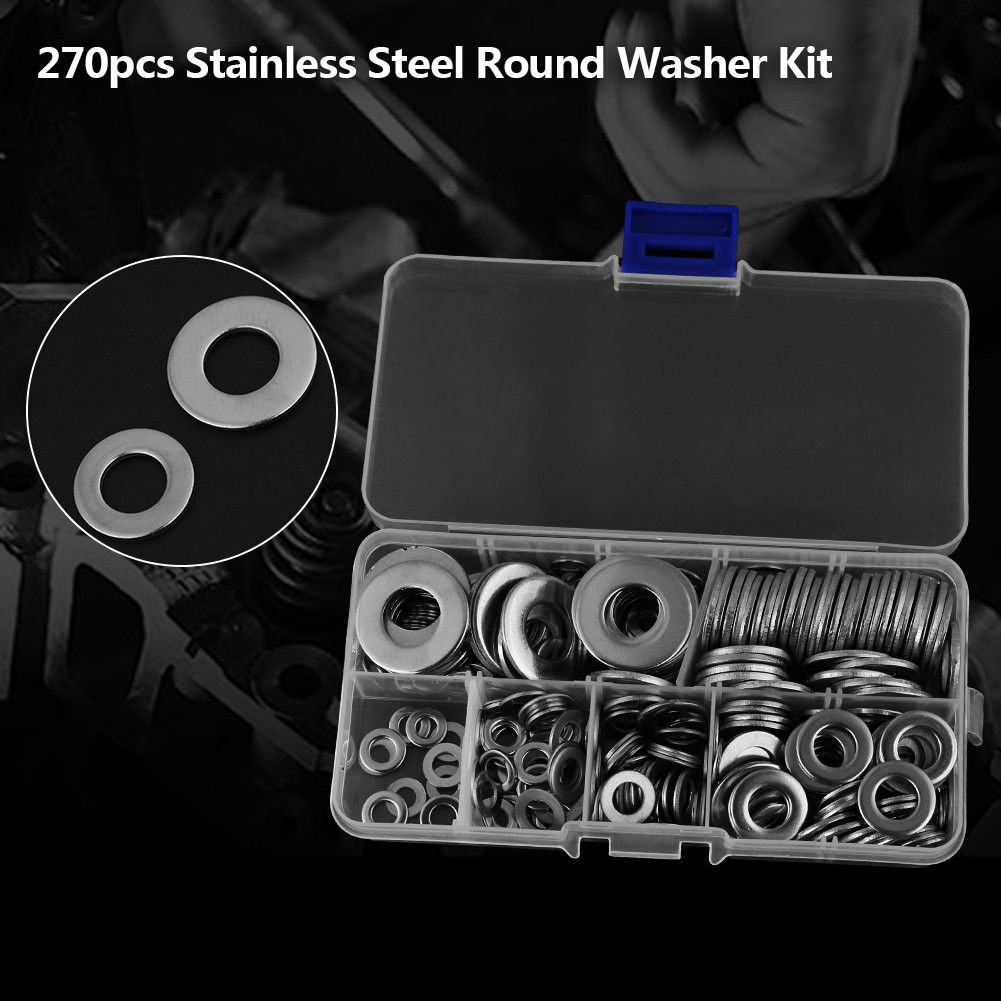 270pcs Stainless Steel Round Washers Gasket Assorted Solid Flat Set M4/5/6/8 EM