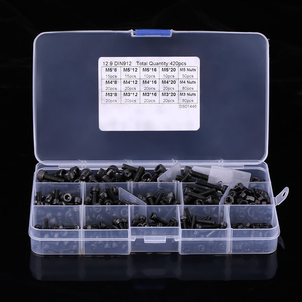 420x M3 M4 M5 Carbon Steel Hex Socket Head Cap Screws Nut Assorted Kit Box Black
