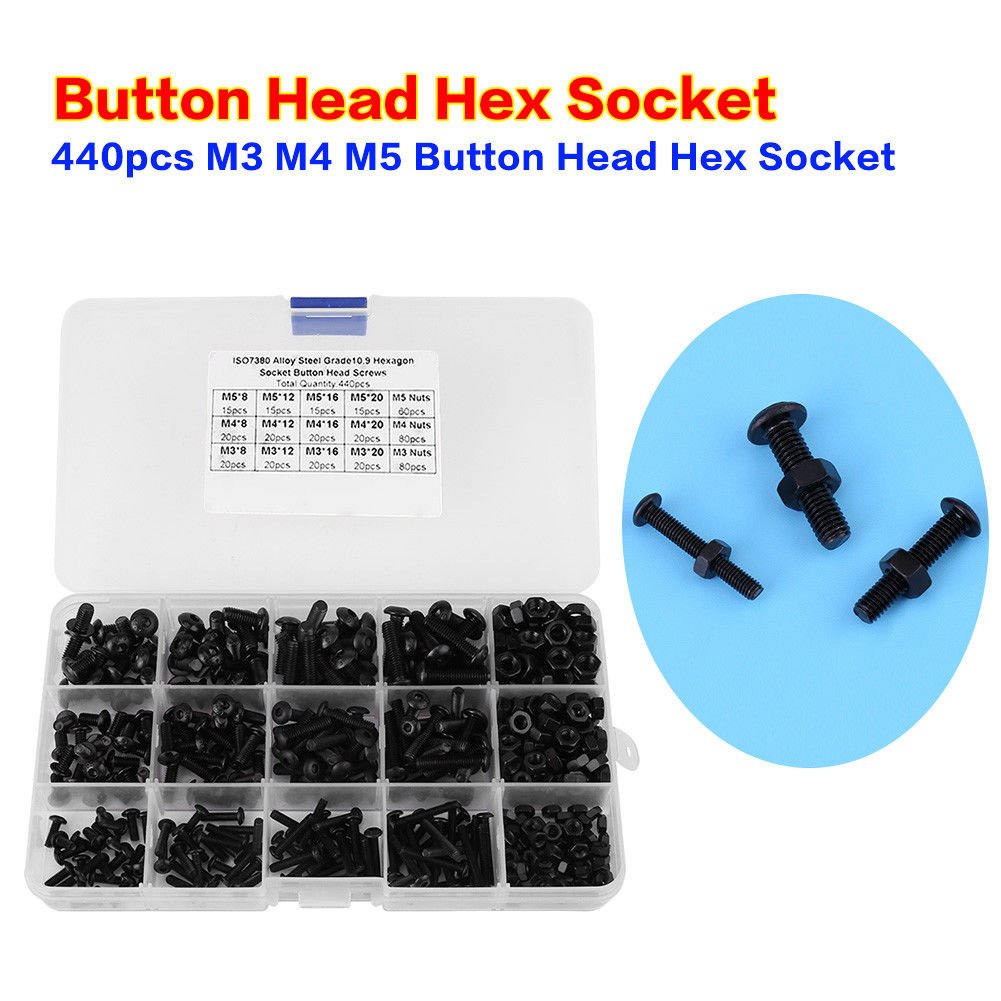 440pcs M3 M4 M5 Alloy Steel Hex Socket Button Head Screws Nuts with Case EM