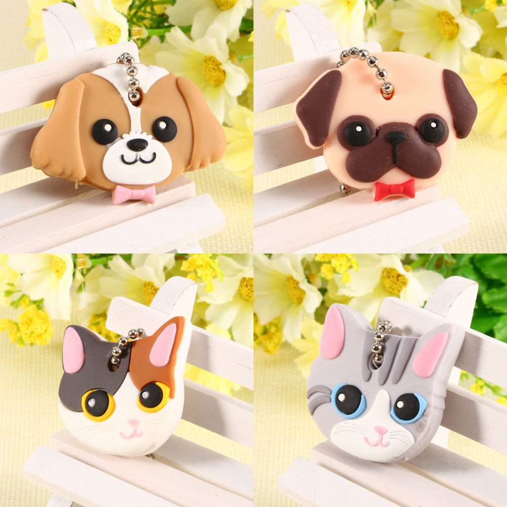 Brand New 1Pcs Cute Dog Cat Puppy Pug PVC Key Cover Cap Key Chain Keyring Gift
