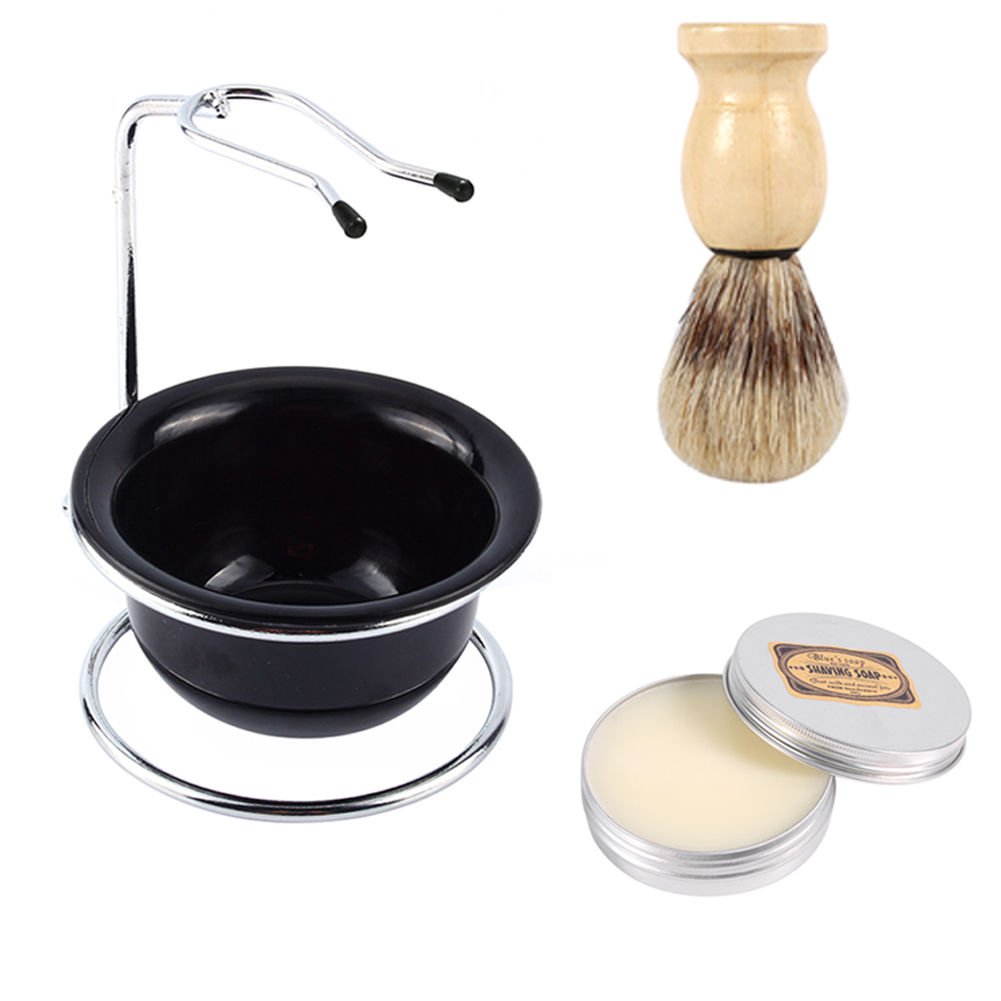 Men Wood Handle Shaving Brush +Razor Stand Holder + Stainless Steel Mug Bowl Set