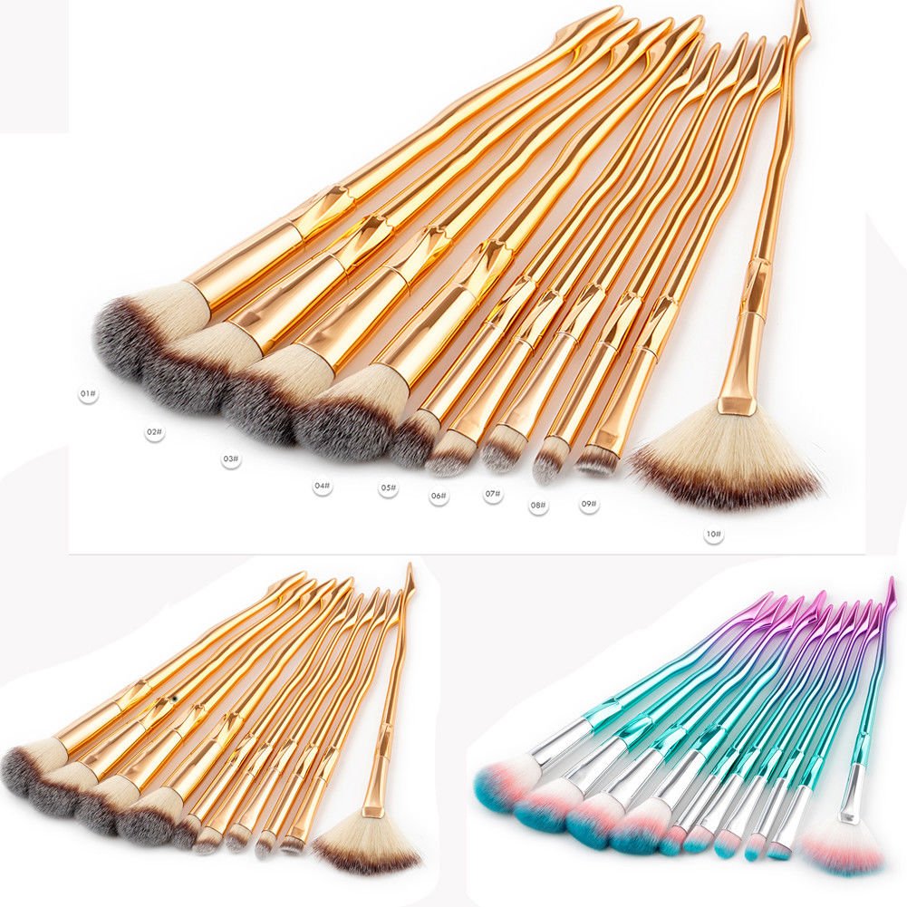10 PCS Diamond Makeup Horn Handle Brushes Powder Cosmetic Brush Set Beauty