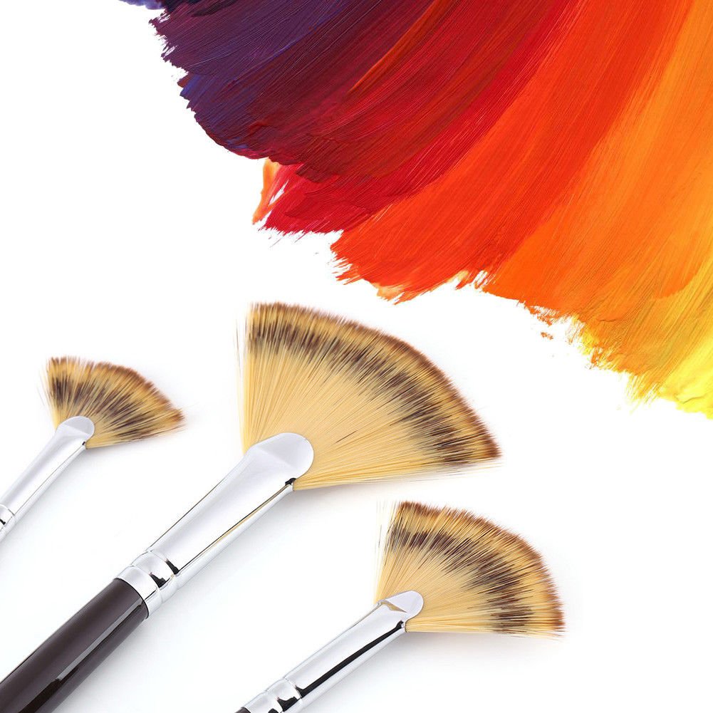 3 Size Slim Wood Handle Fan Paint Brush fr Oil Acrylic Water Painting Artist coi