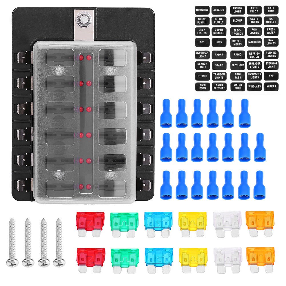 Car 12 Way Circuit Blade Fuse Box Standard ATO ATC Block Holder w/ PC Terminal