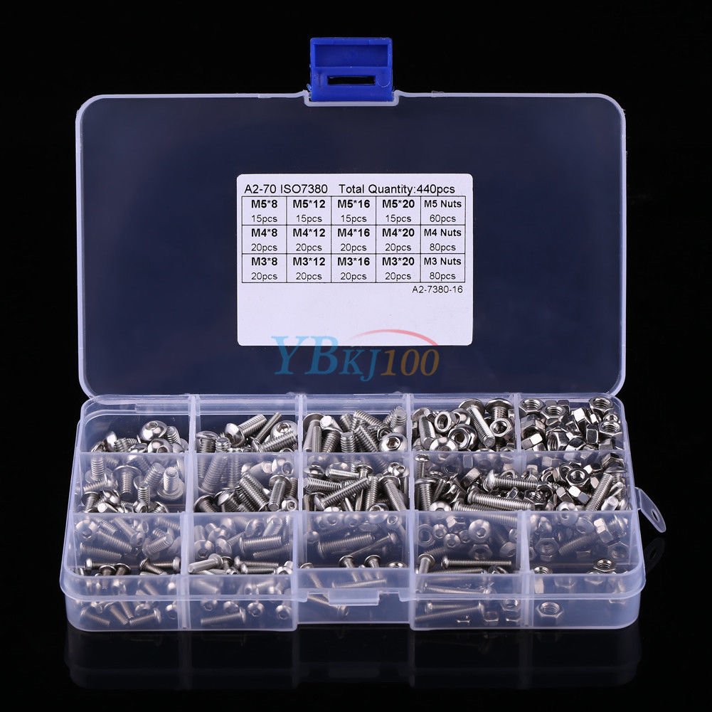 440pcs M3 M4 M5 304 Stainless Hex Head Socket Cap Screws Nuts Assorted Kit + Box