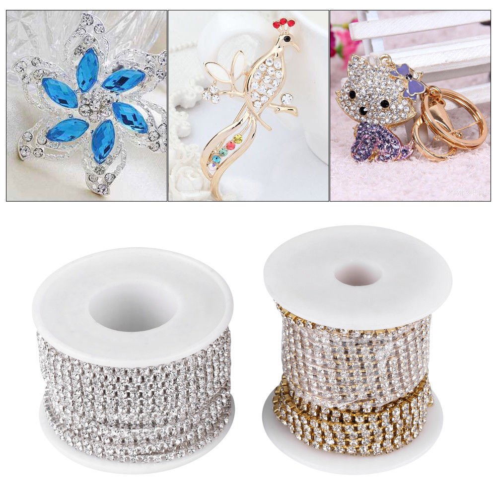 10Yards/1 Roll Silver/Gold Diamante Crystal Rhinestone Rope Ribbon Cup Chain coi