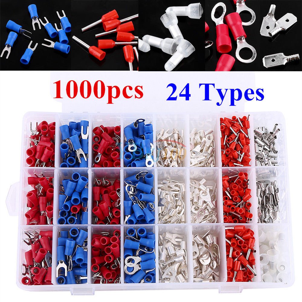 1000Pcs 24 Types Insulated Crimp Terminals Kit Electrical Cable Connectors + Box