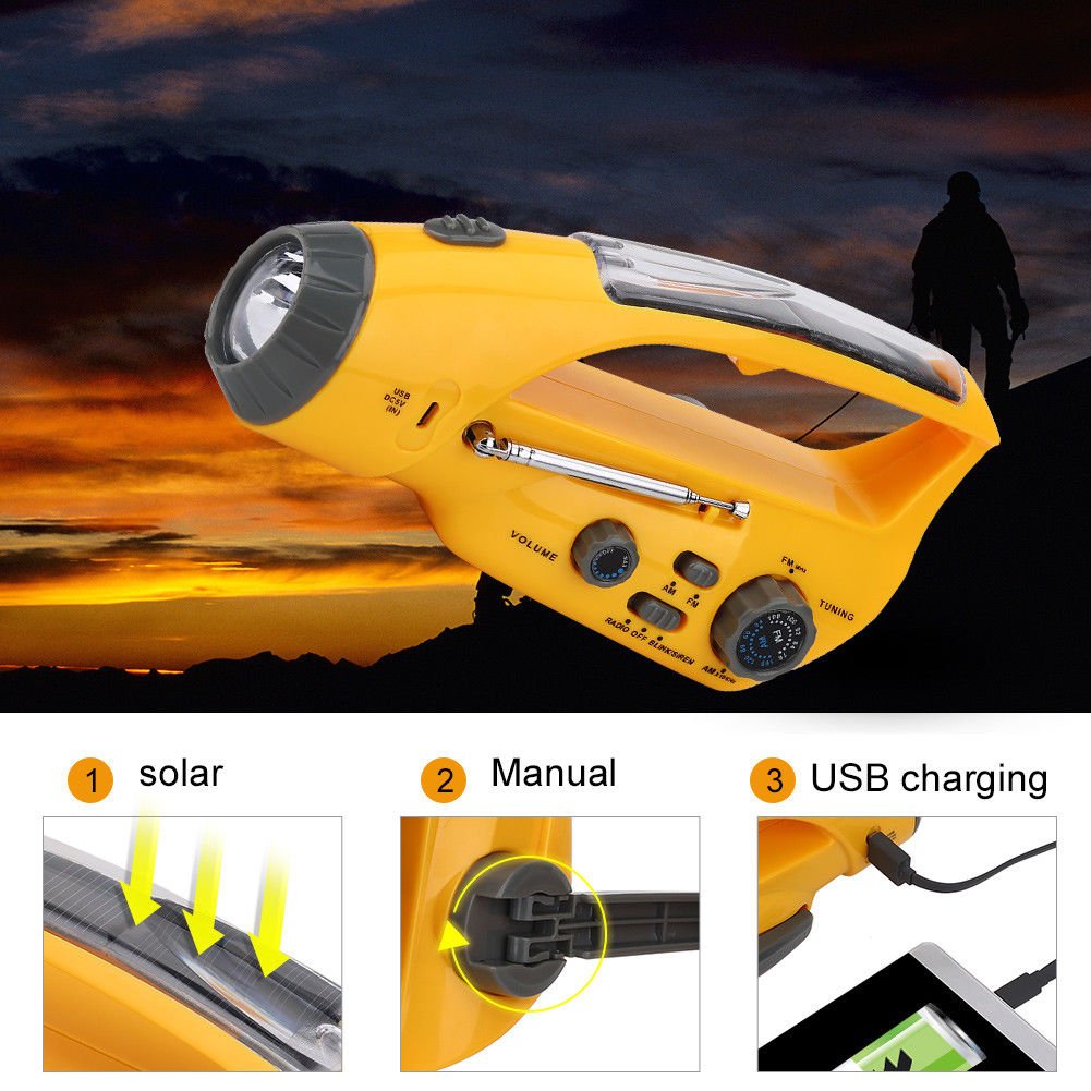 Solar Hand-Crank Power Bank LED Flashlight With Radio iPhone Smart Phone Charger