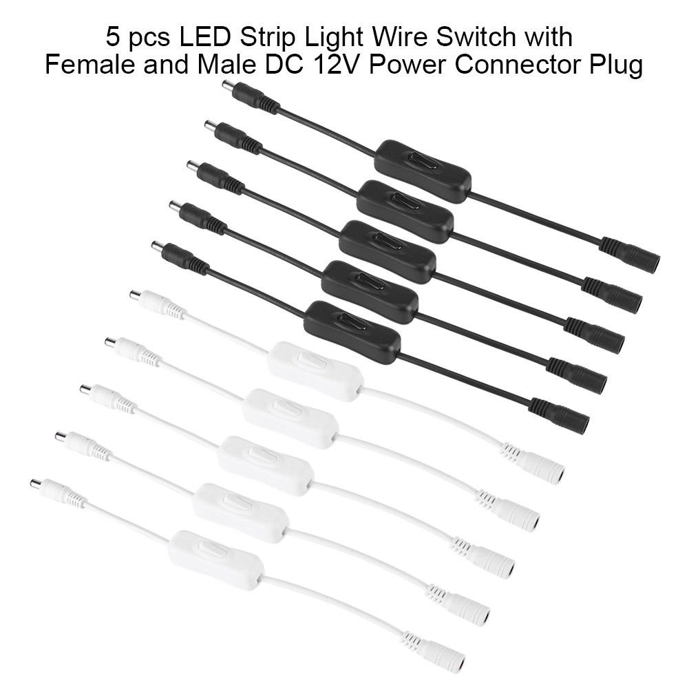 5 x LED Strip Light Wire Switch with Female and Male DC 12V Power Connector Plug