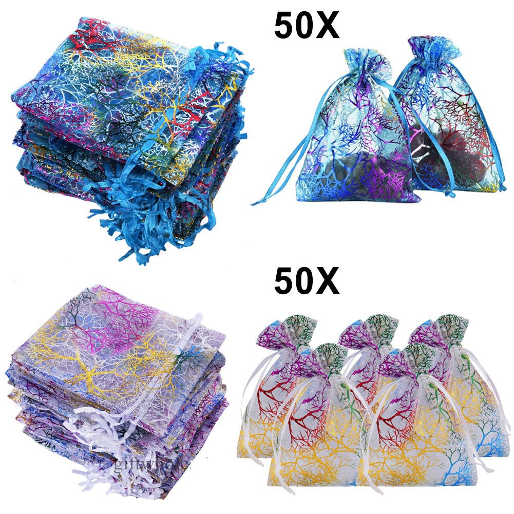 50Pcs/Set Sheer Coralline Organza Jewelry Pouch Wedding Party Favor Gift Bags