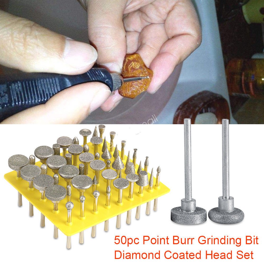 50pcs Durable Diamond Coated Head Point Burr Grinding Bit Set For 1/8 " 120 Grit