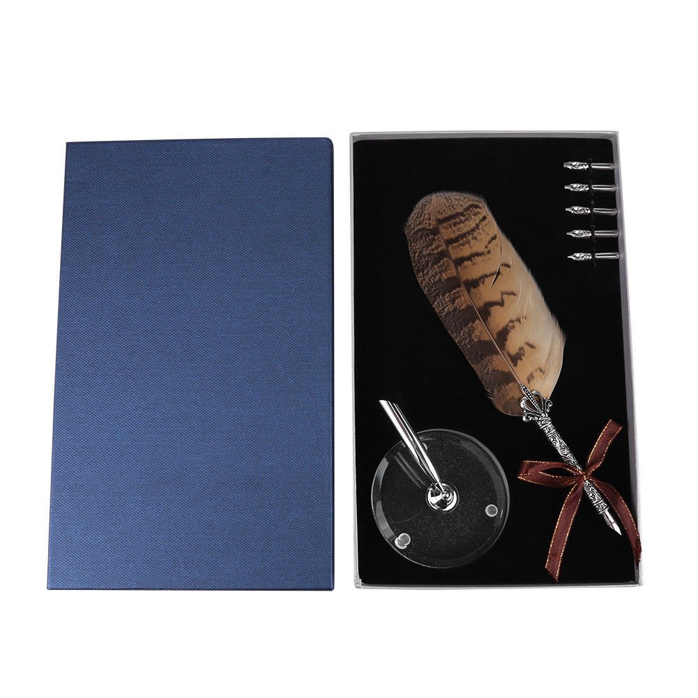 Owl Feather Quill Dip Pen&5 Stainless Steel Nibs Set Rare Stationery Gift+Box c