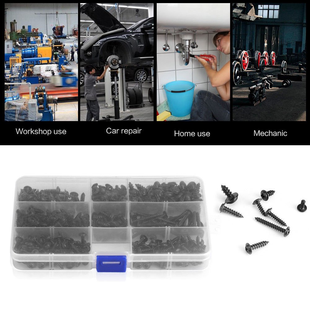 340Pcs Assorted Black Iron Self Tapping Drilling Cross Head Screw Bolt 8 Sizes