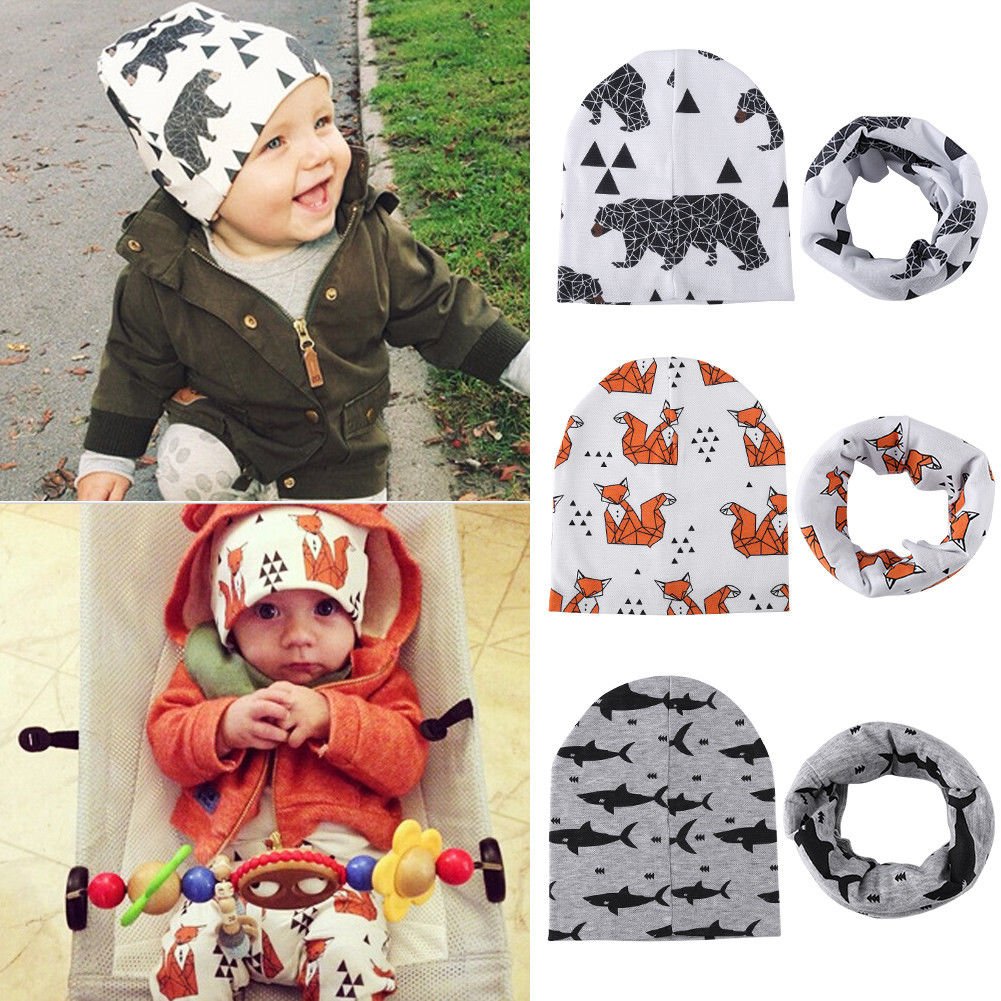 2PCS Newborn Baby Kids Boy Girl Cotton Hat Cap + Scarf Neckerchief Breathable