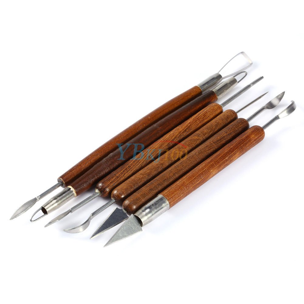 6x Assorted Polymer Clay Pottery Ceramics Sculpting Carving Tools Craft Brown