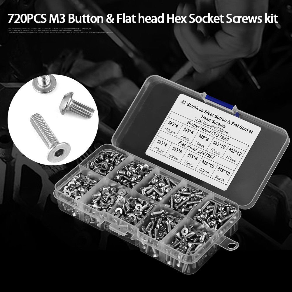 720pcs M3 4/6/8/10/12 M3 Button Flat Head Hex Socket Bolts Screw Kit Hot
