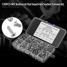 720pcs M3 4/6/8/10/12 M3 Button Flat Head Hex Socket Bolts Screw Kit Hot