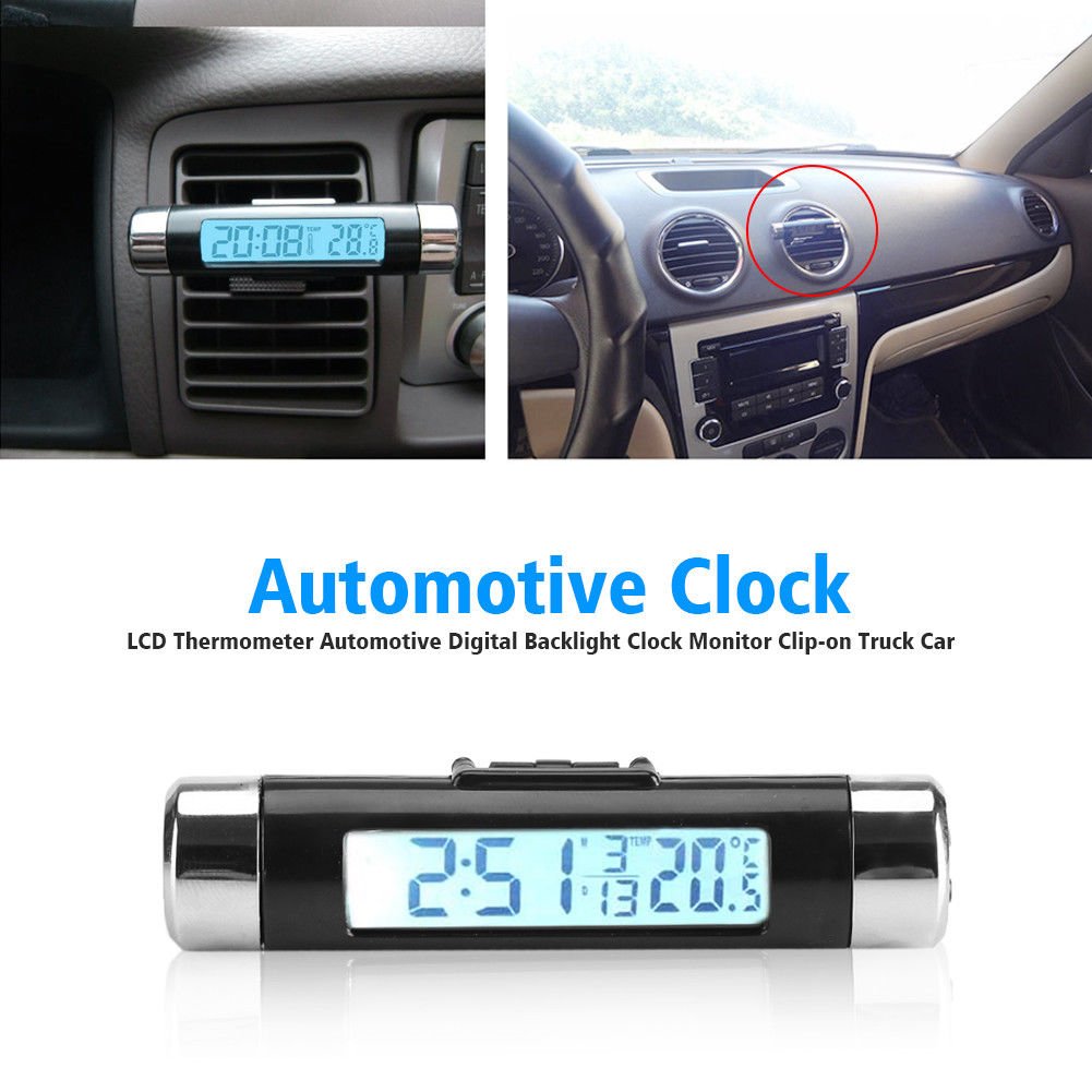 Mini LCD Clock Thermometer Automotive Digital Backlight Monitor Clip-on Vehicle