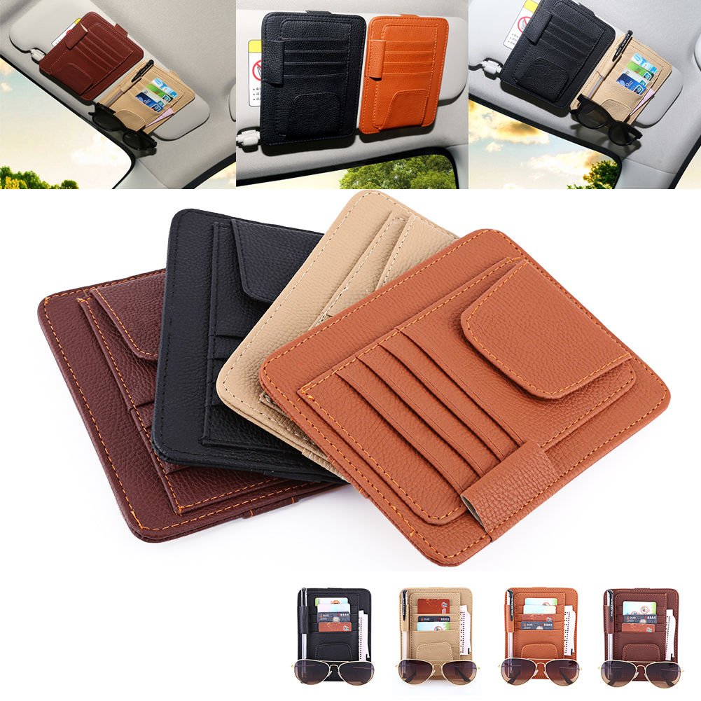Car PU Leather Sun Visor Organizer Pouch Bag Card Storage Glasses Holder Clip