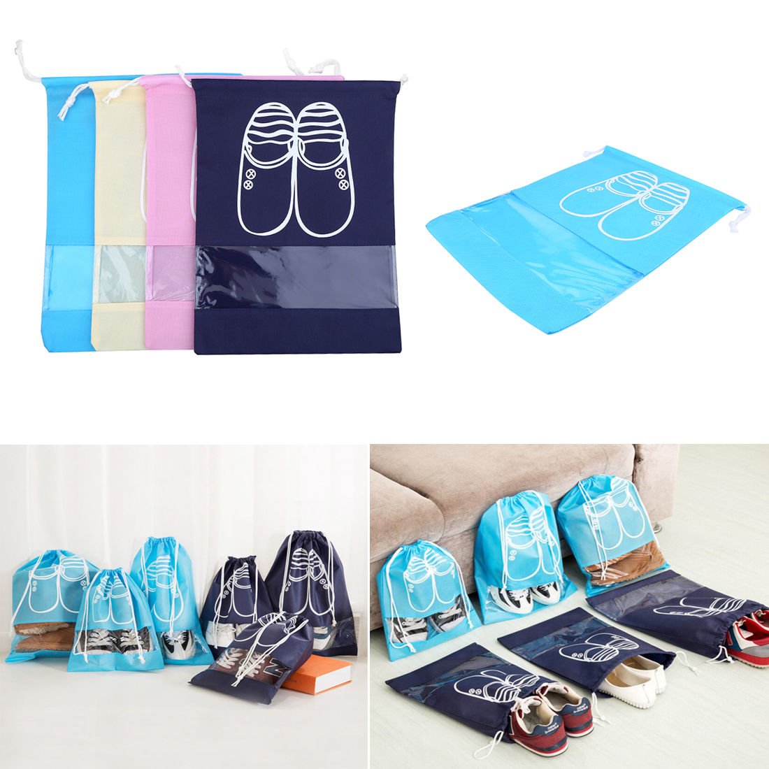 5pcs L+5pcs M Non-woven Shoe Bag Travel Pouch Storage Tote Drawstring Organizer