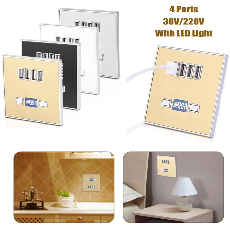 36/220V 4 Ports LED Light USB Charger Wall Socket Charger Station W/LED Light