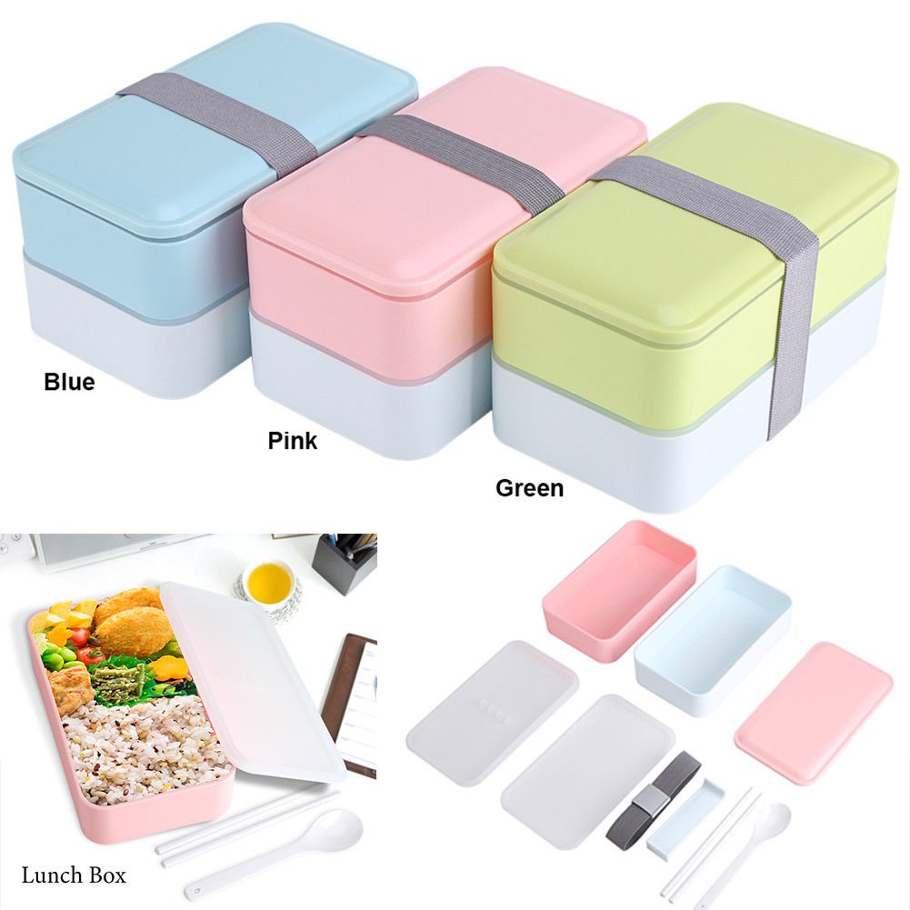 900mL 2 Layers Plastic Food Kids Lunch Box Food Storage Container w/Spoon