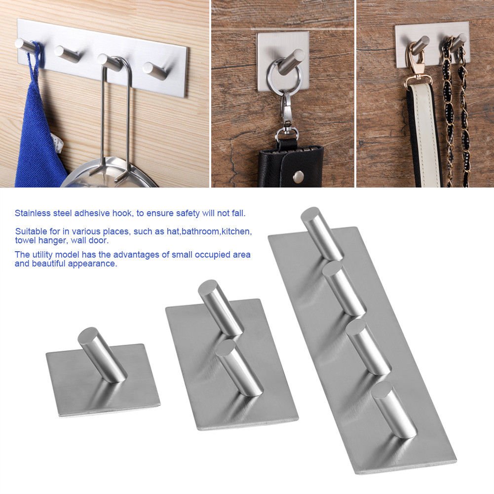 Silver Stainless Steel Adhesive Hook Bathroom Kitchen Towel Hanger Wall Mount