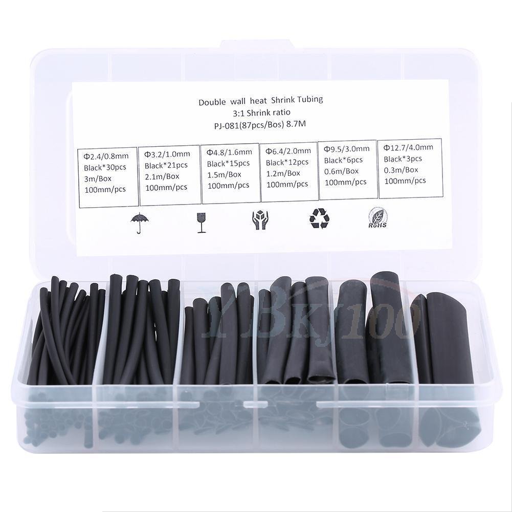 87pcs Dual-Wall 6 Sizes Polyolefin 3:1 Heat Shrink Tubing Wire Wrap Sleeve Set