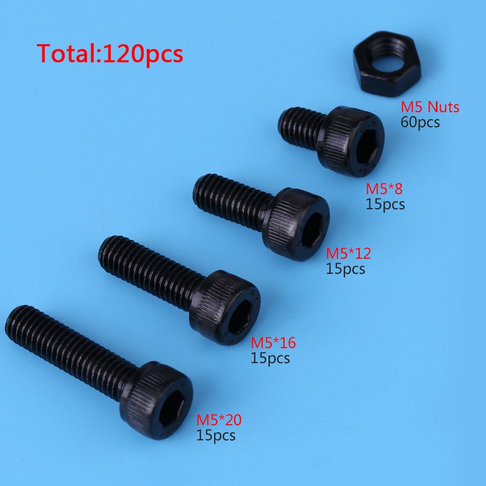 120pcs M5 8/12/16/20 Hex Socket Cap Screws Bolts Nuts Kit with Case Black EM
