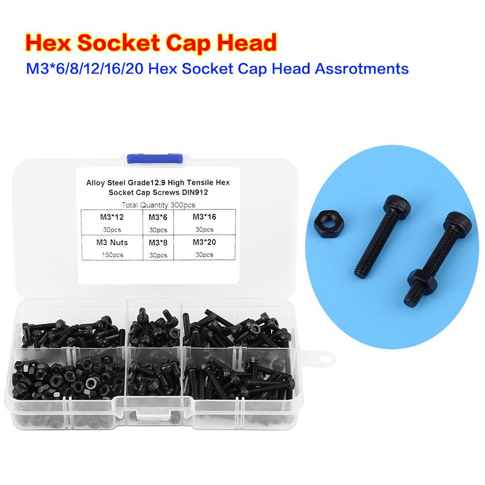 300pcs M3*6/8/12/16/20 Hex Socket Cap Screws Bolts Nuts Assortment Kit Black