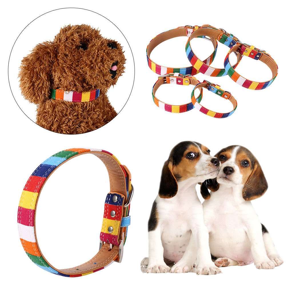 Soft Pet Collar Canvas Leather Rainbow Dog Cat Puppy Adjustable Neck Buckle