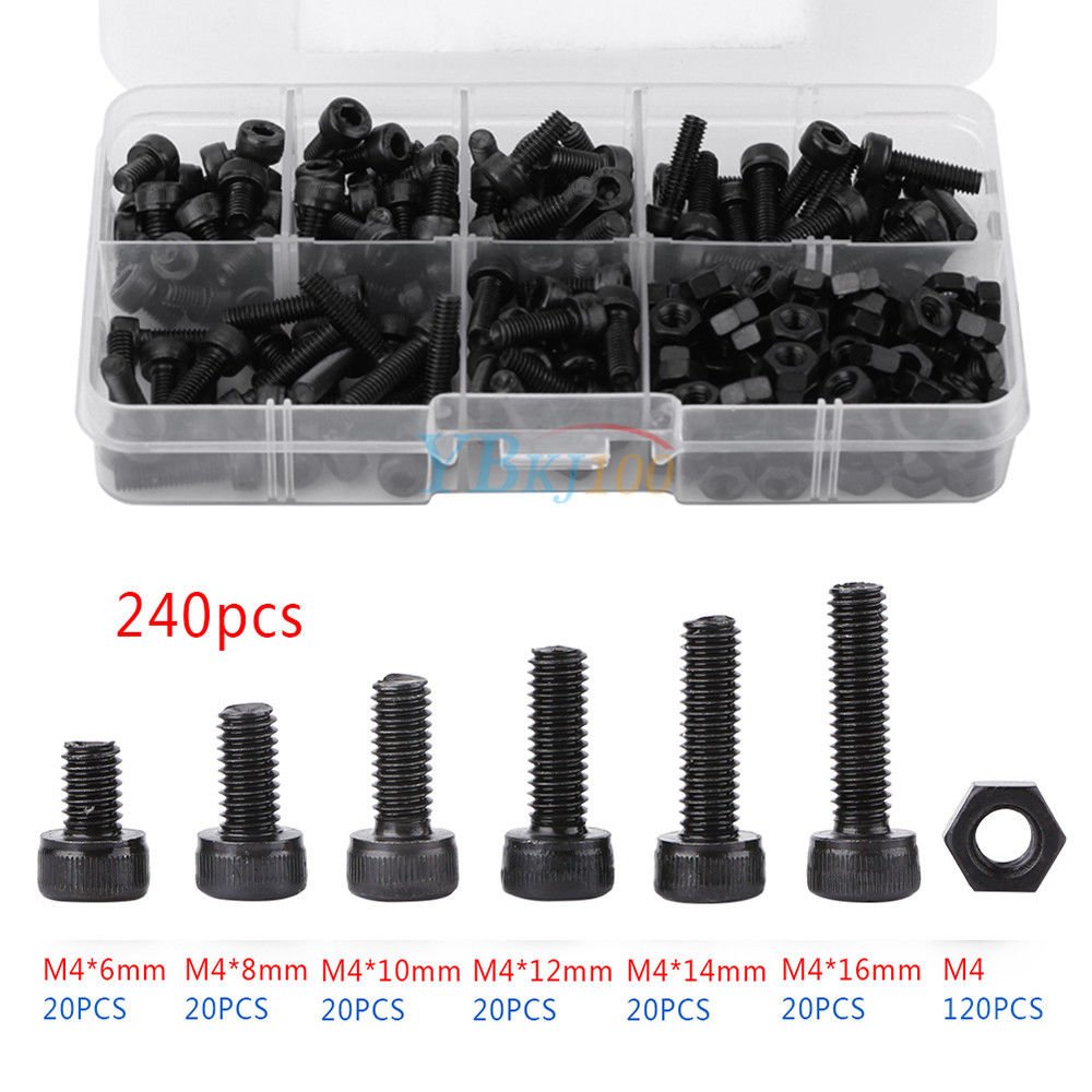 240x M4 Black Steel Cap Head Hex Socket Cap Screws Nuts Assortment Kit w/Box ech