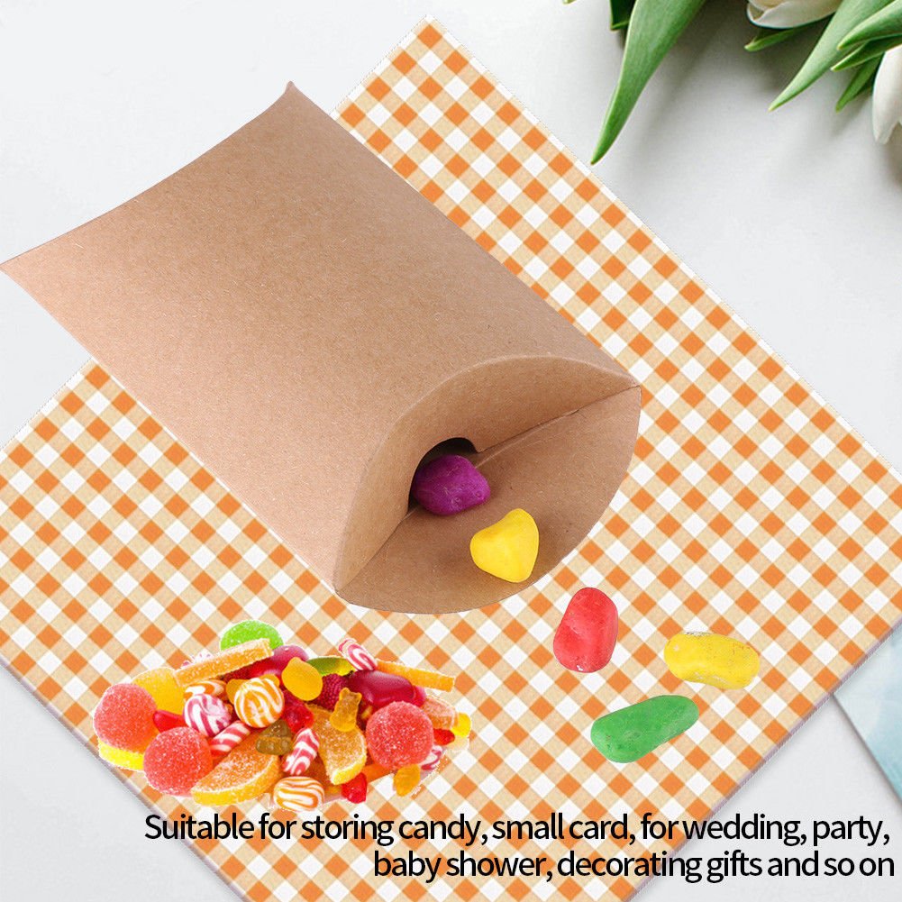 100 PCS Kraft Paper Pillow Box Wedding Favor Gift Party Candy Box w/ String coi