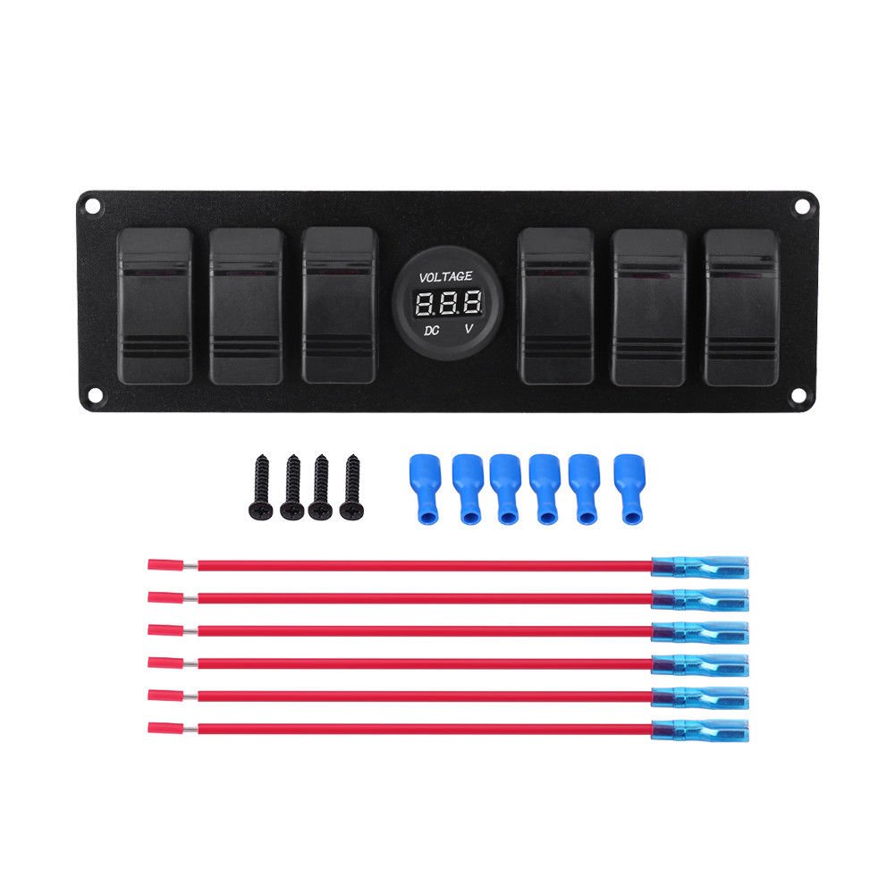 12V-24V Car RV Marine 6 Gang Waterproof Red LED Rocker Switch Panel Voltmeter EL