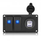 2 Gang 12-24V Blue LED Rocker Switch Panel with 3.1A Dual USB Port Car RV Marine