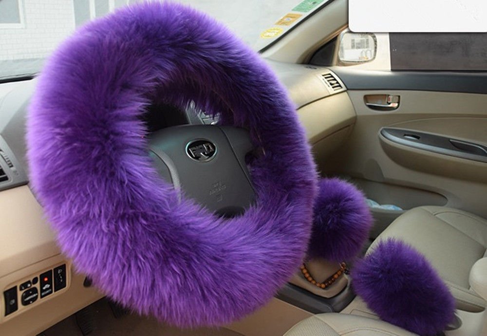 3Pcs Long Plush Fuzzy Purple Car Steering Wheel Cover Wool Warm Handbrake Winter