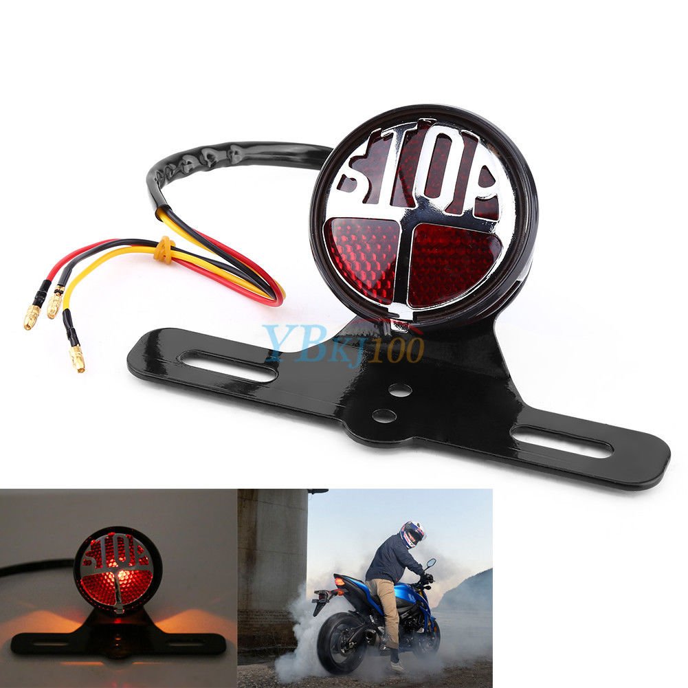 Round Stop Vintage Motorcycle License Plate Mount Tail Brake Light For Harley