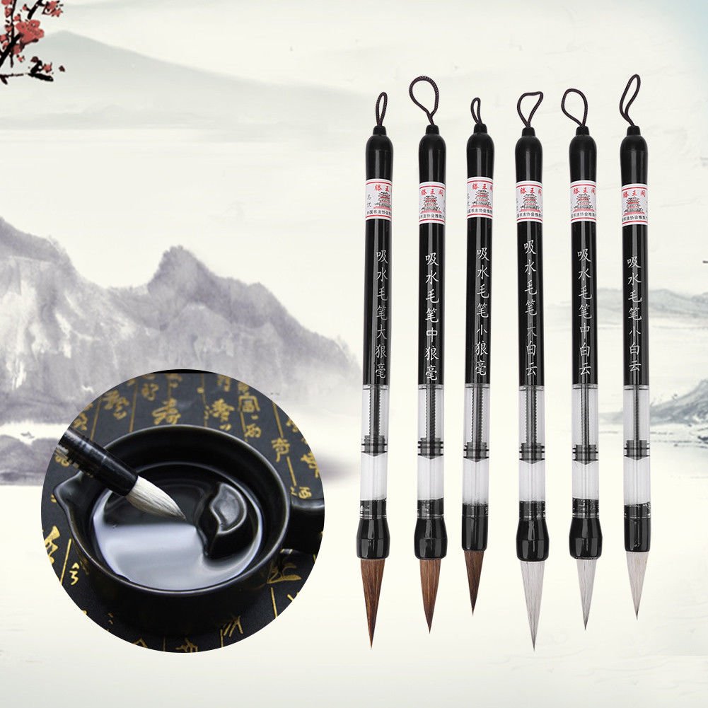 6Pcs/set Piston Water Brush Chinese Calligraphy Pen Soft/Hard Hair L+M+S Durable