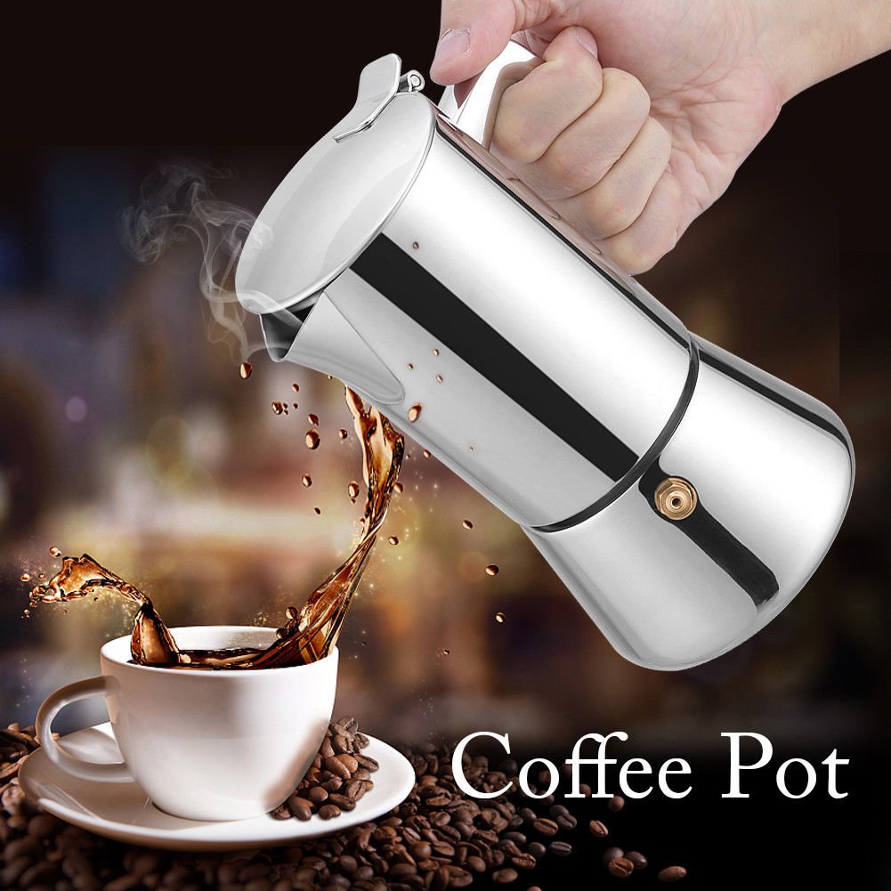 Silver Stainless Steel Moka Pot Espresso Coffee Make for Gas & Electric Stovetop