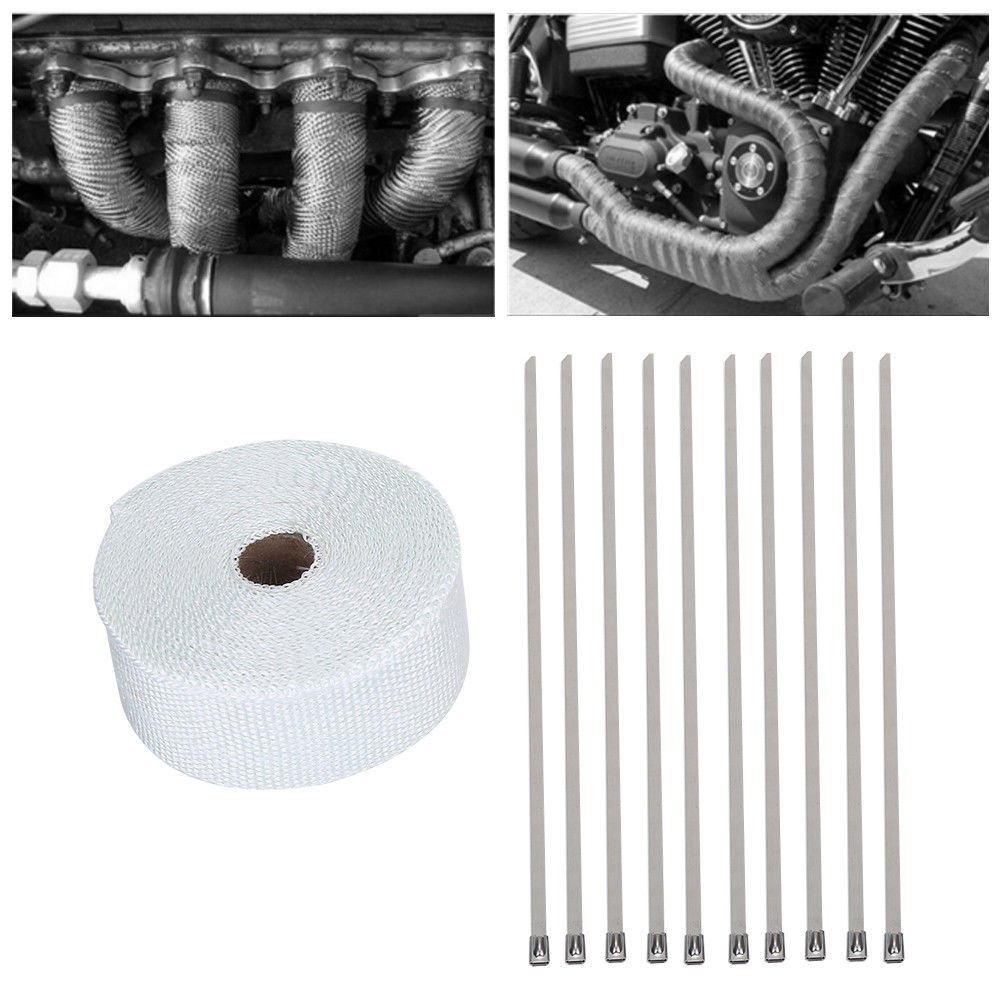 Car Motorcycle 10m x 5cm* 1.5mm White Exhaust Pipe Wrap Cloth With 10x Clips